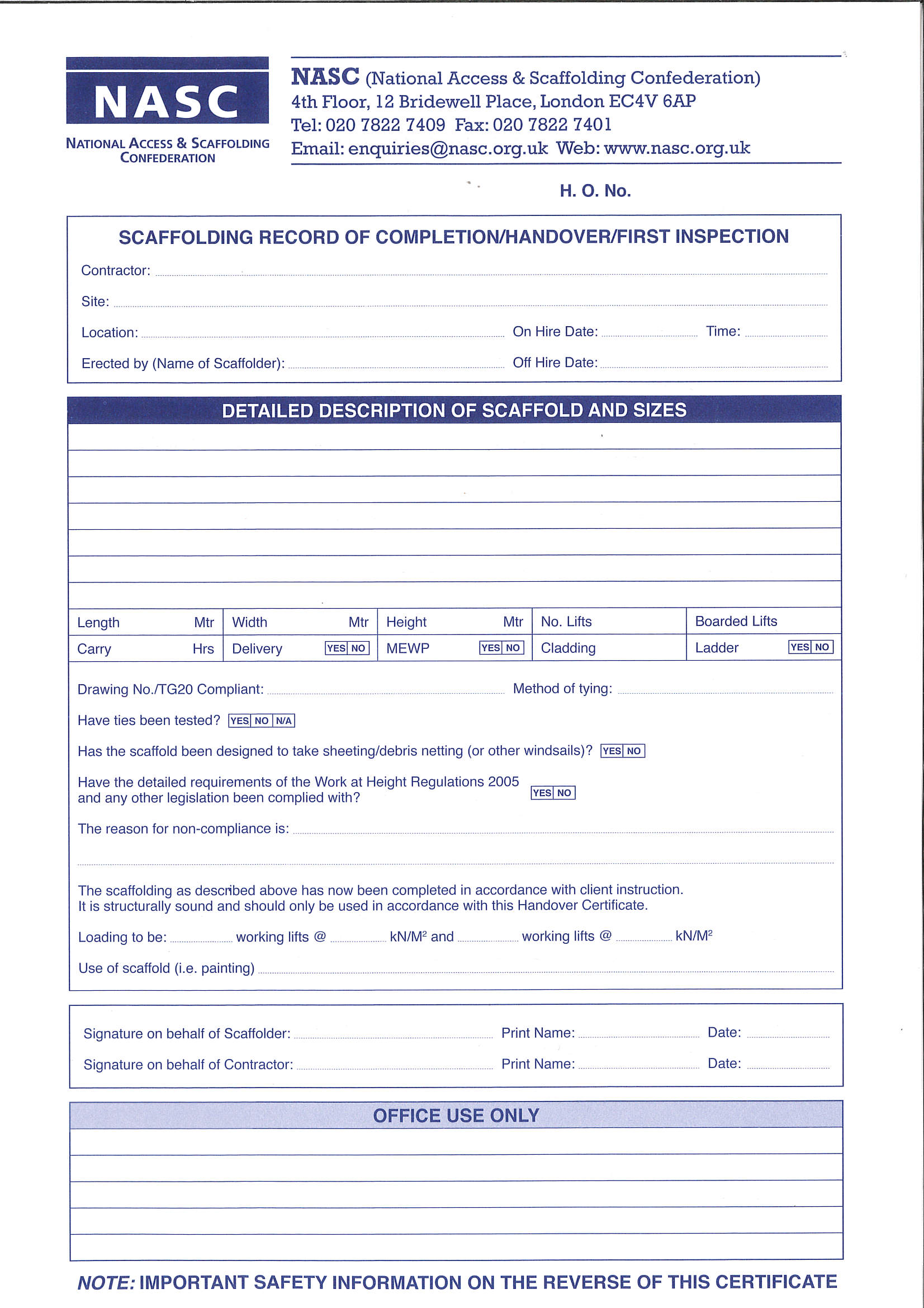 Scaffold Handover Certificate (pad of 22)
